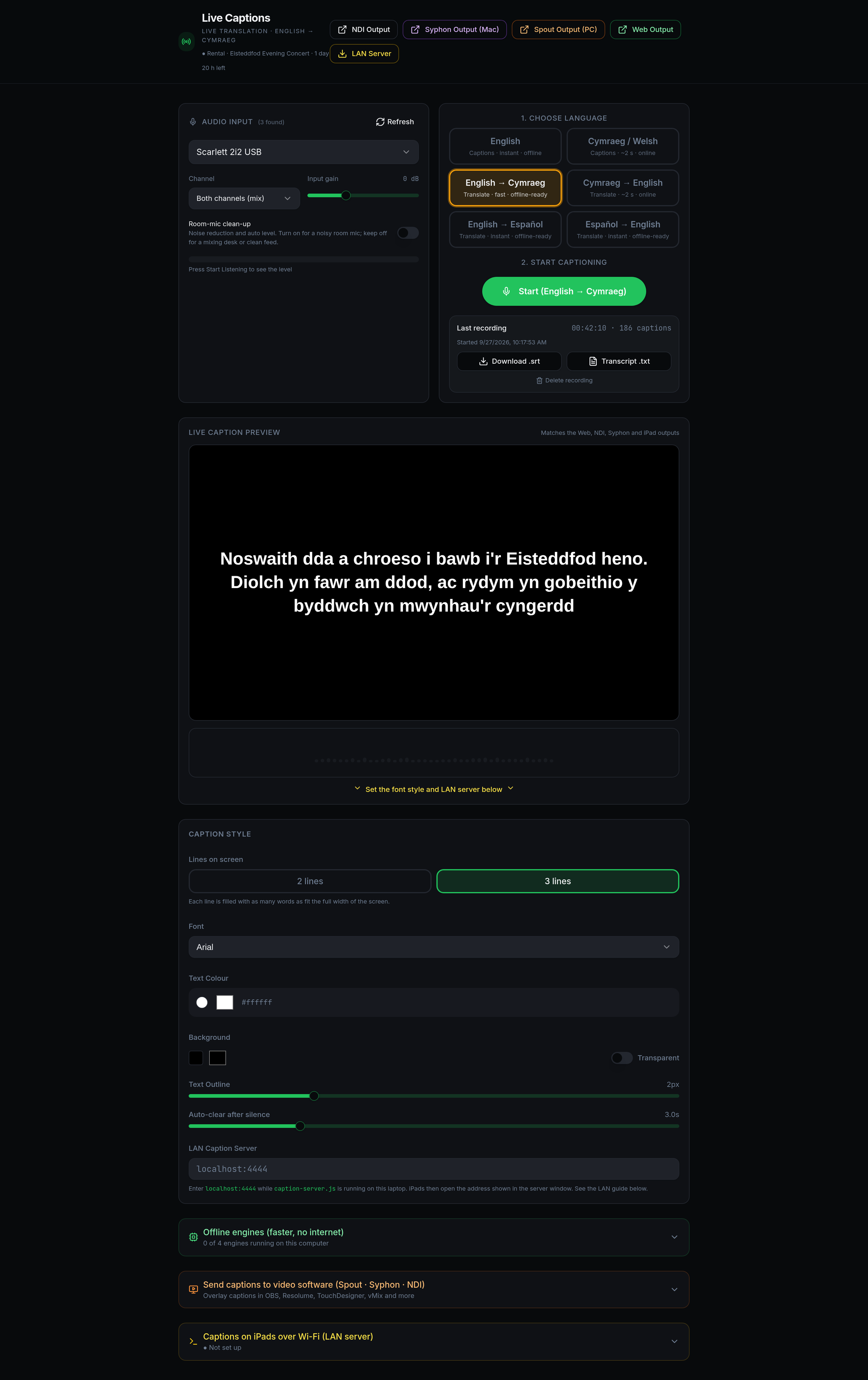 The full Pont dashboard: language menu, audio input with level meter, caption style and outputs